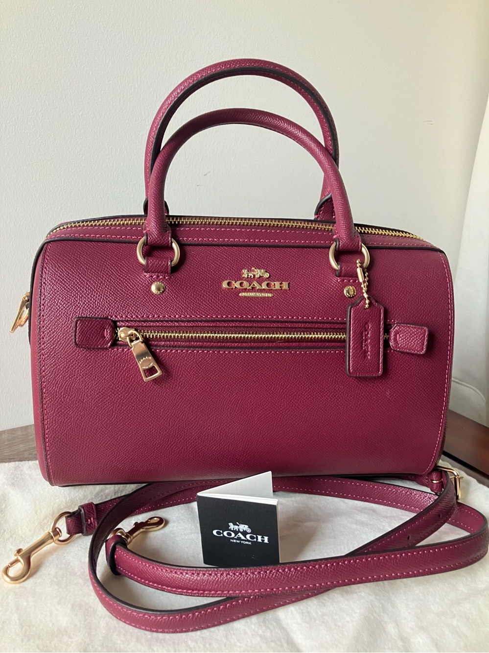 COACH Purse Rowan Satchel Leather Handbag in Berry Pink / Burgundy